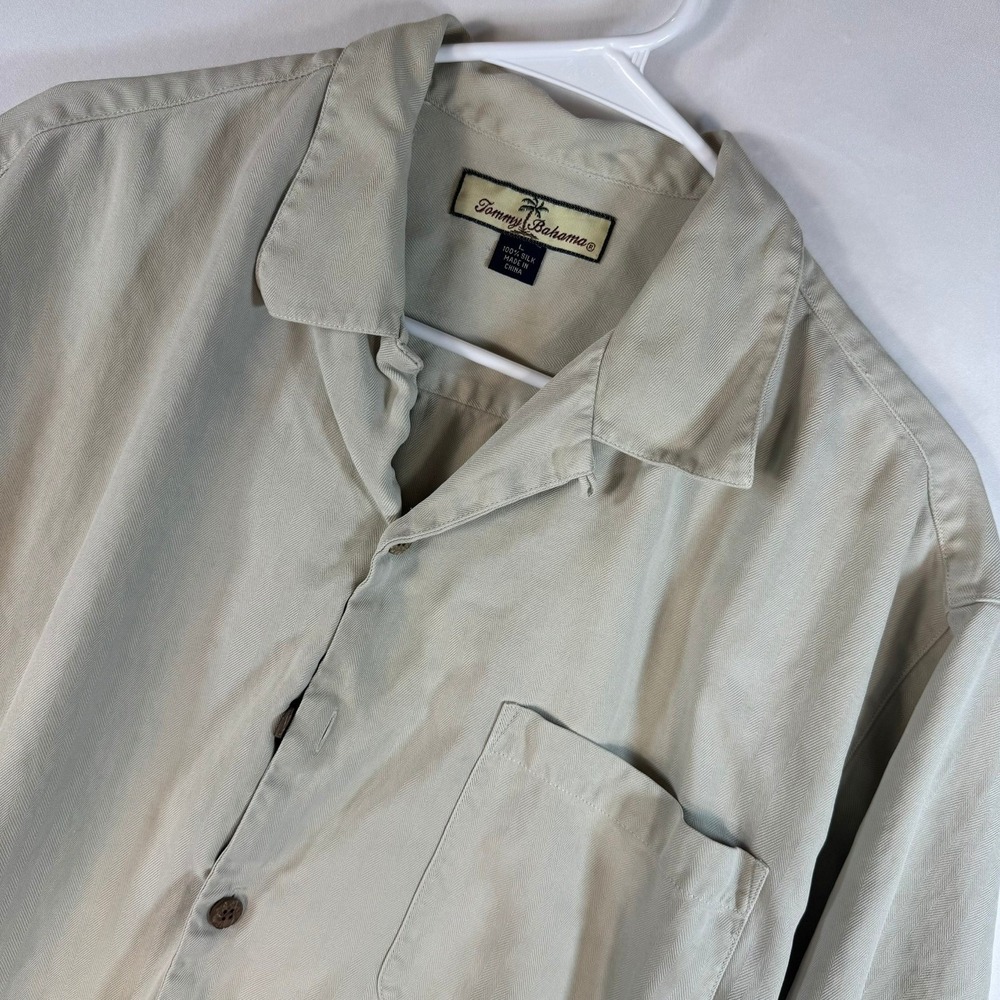 Tommy Bahama Mens Khaki Tan 100% Silk Herringbone Short Sleeve Camp Shirt Large - Picture 2 of 7
